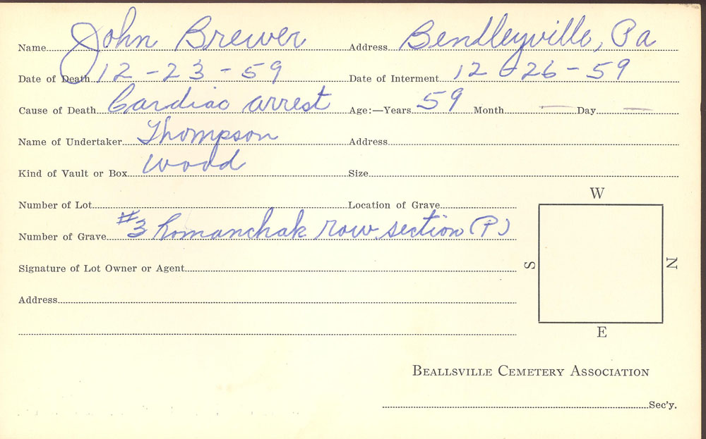 John Brewer burial card